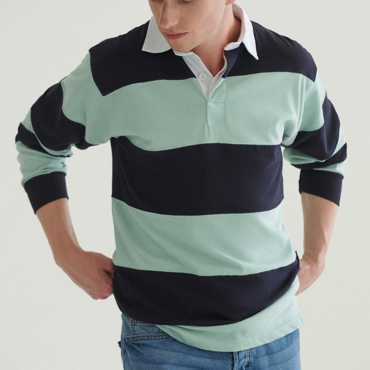 Sewn Stripe Long Sleeve Rugby Shirt | DUCK EGG/NAVY