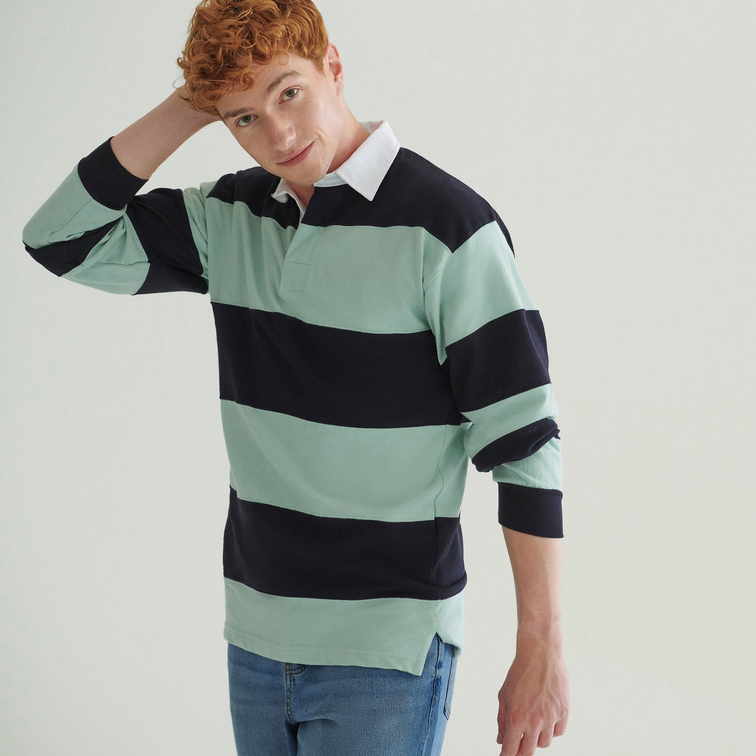 Sewn Stripe Long Sleeve Rugby Shirt | DUCK EGG/NAVY