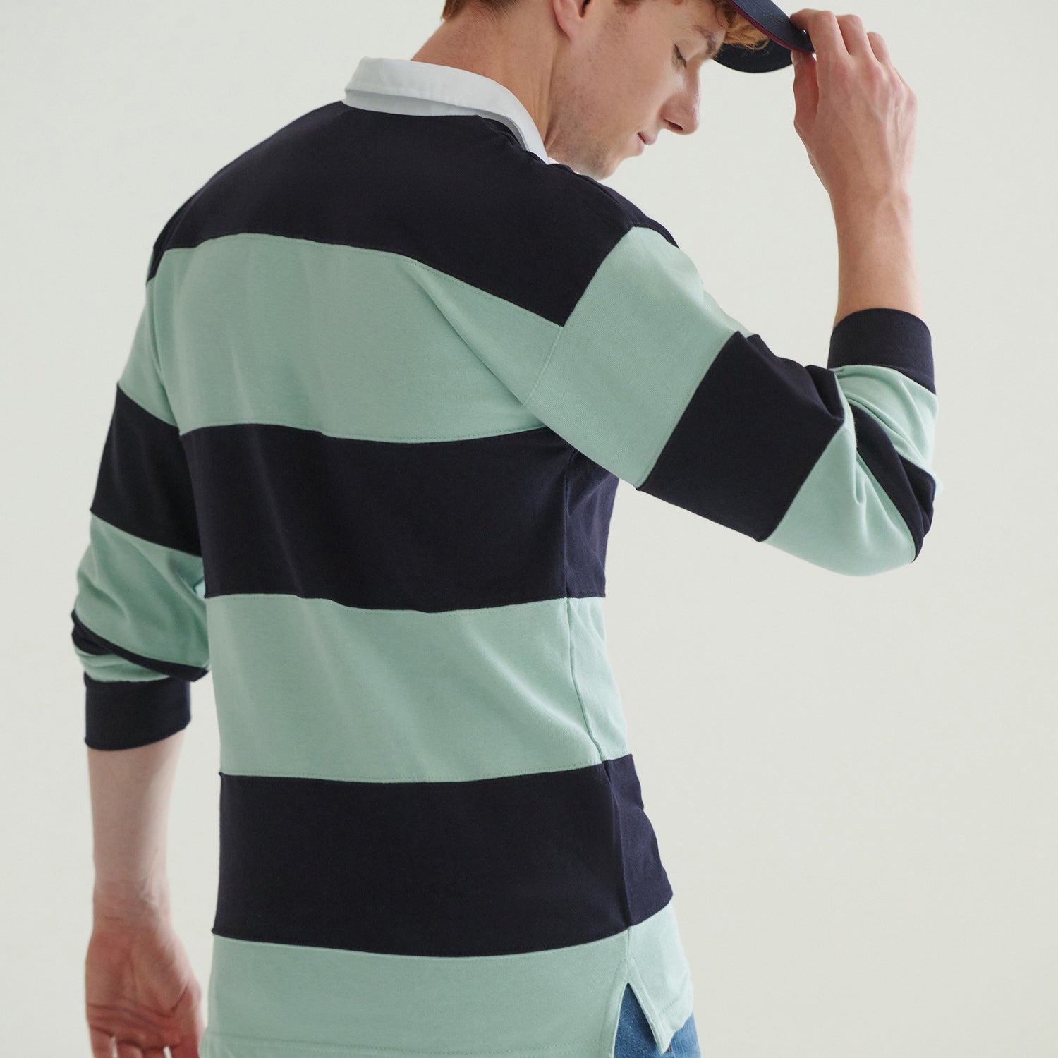 Sewn Stripe Long Sleeve Rugby Shirt | DUCK EGG/NAVY