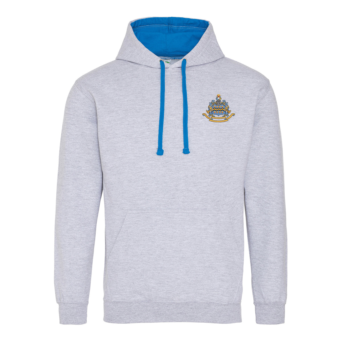 Pocklington Varsity Hoodie - Crest Only | HEATHER GREY/SAPPHIRE BLUE