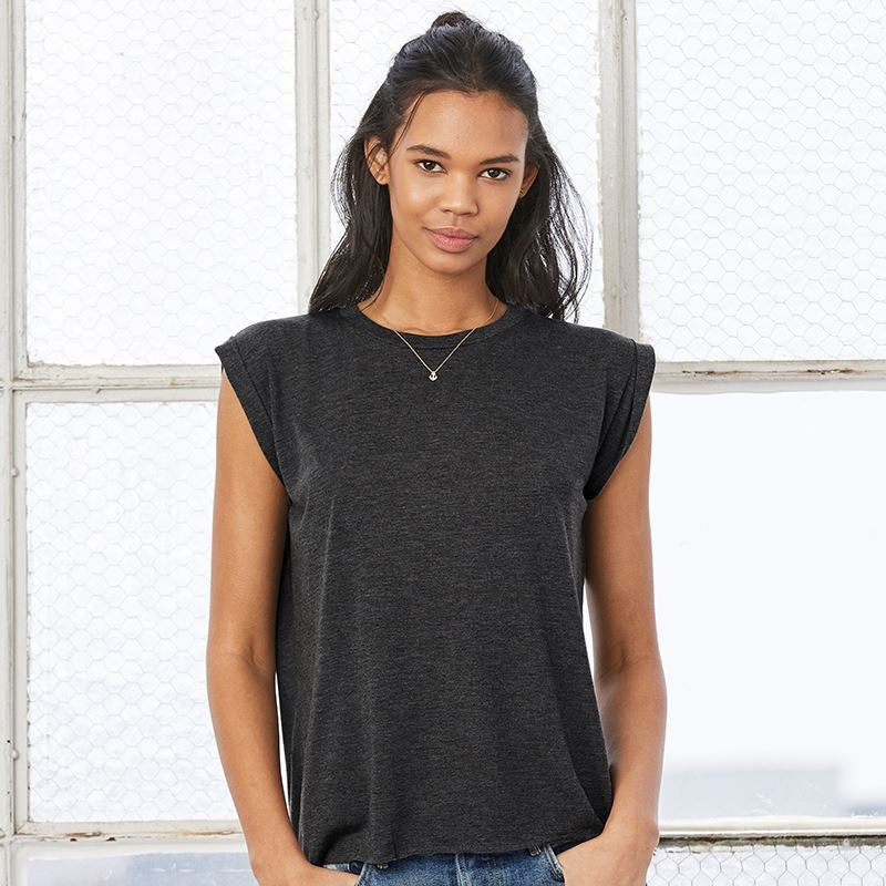 Women's Flowy Muscle Tee With Rolled Cuff | DARK GREY HEATHER