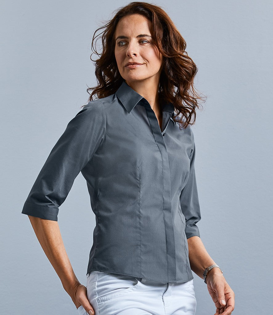 Ladies 3/4 Sleeve Polyester Easy Care Fitted Poplin Shirt | WHITE