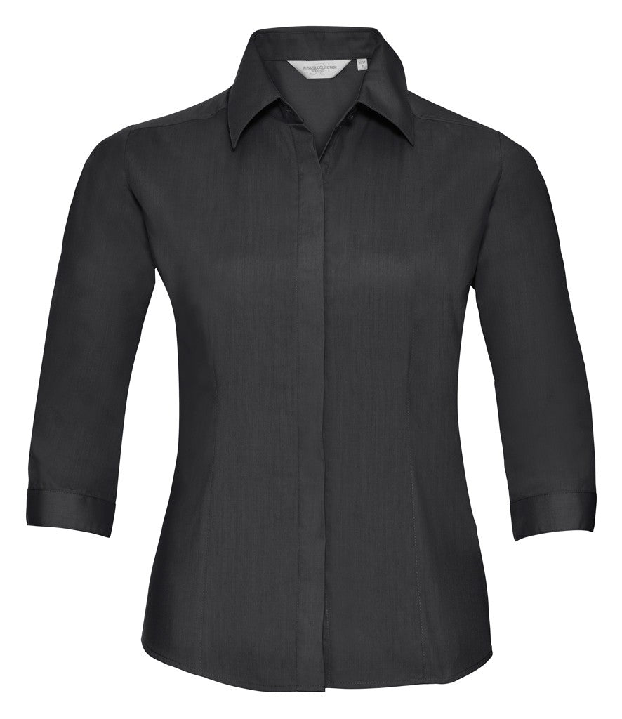 Ladies 3/4 Sleeve Polyester Easy Care Fitted Poplin Shirt | BLACK