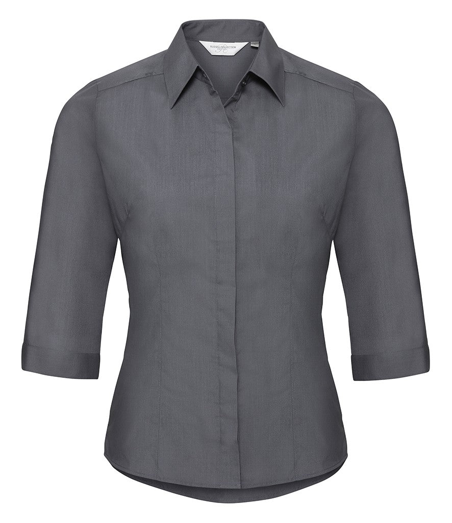 Ladies 3/4 Sleeve Polyester Easy Care Fitted Poplin Shirt | CONVOY GREY