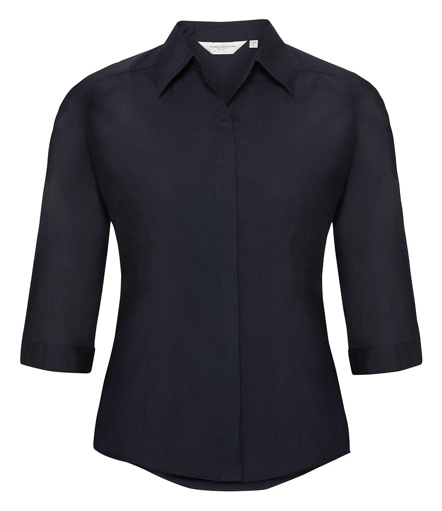 Ladies 3/4 Sleeve Polyester Easy Care Fitted Poplin Shirt | FRENCH NAVY