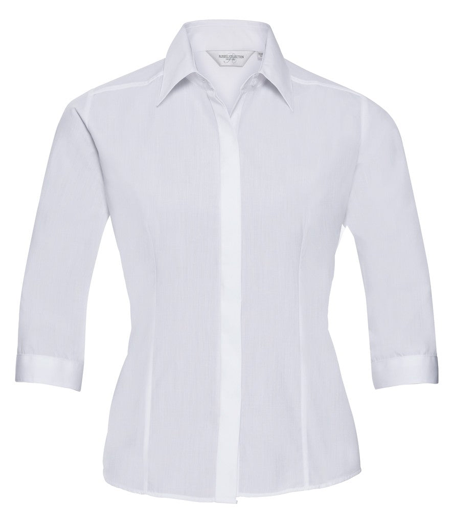 Ladies 3/4 Sleeve Polyester Easy Care Fitted Poplin Shirt | WHITE