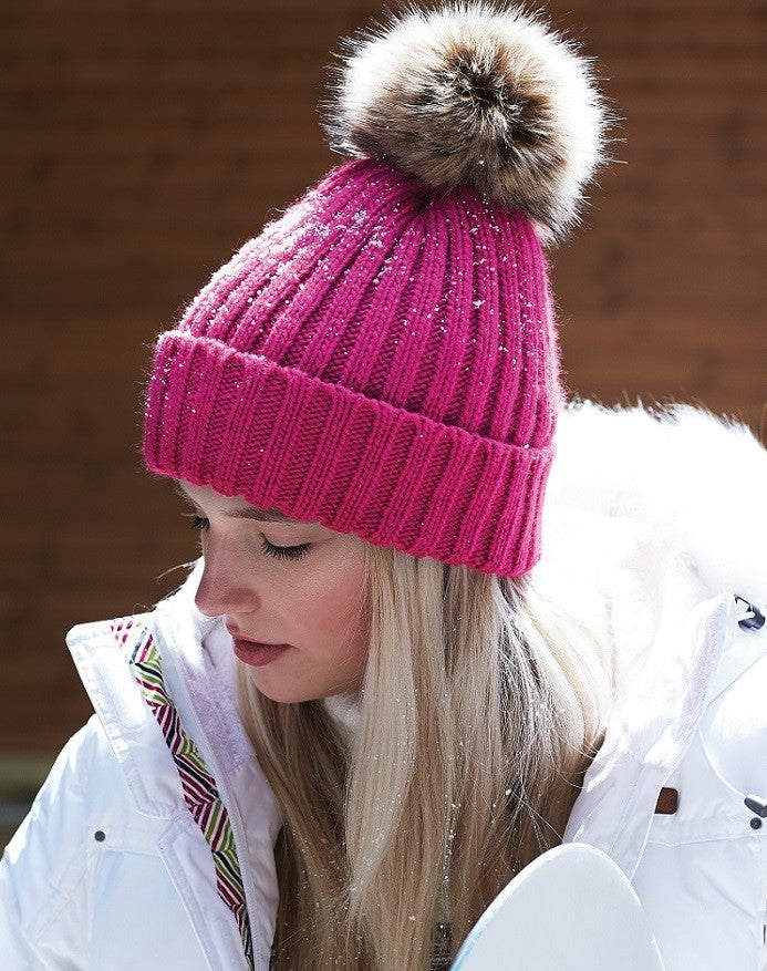 Fur Pom Pom Chunky Beanie | BISCUIT