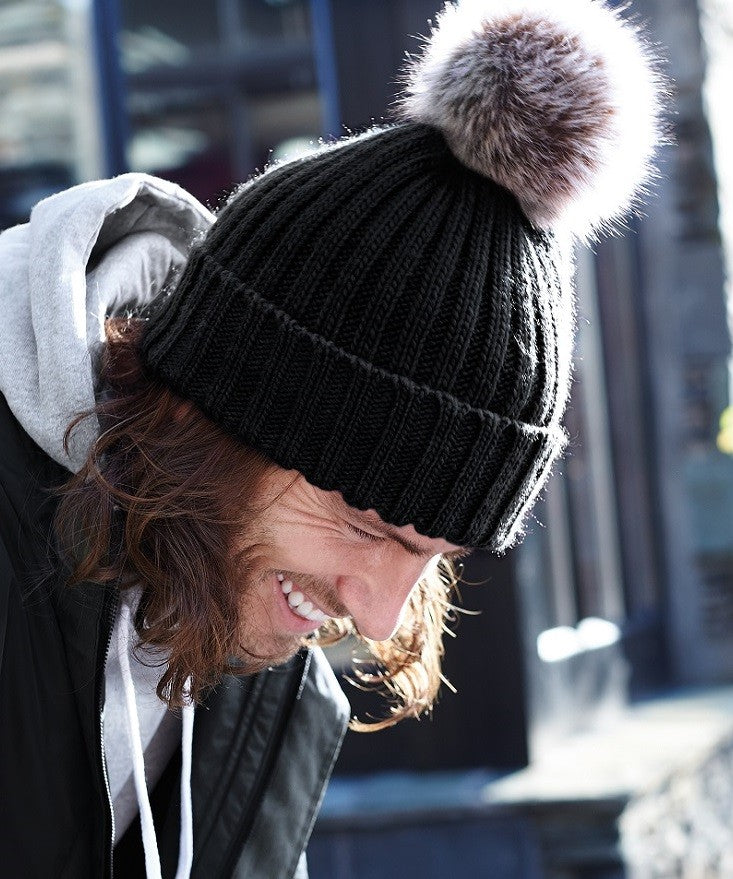 Fur Pom Pom Chunky Beanie | OATMEAL