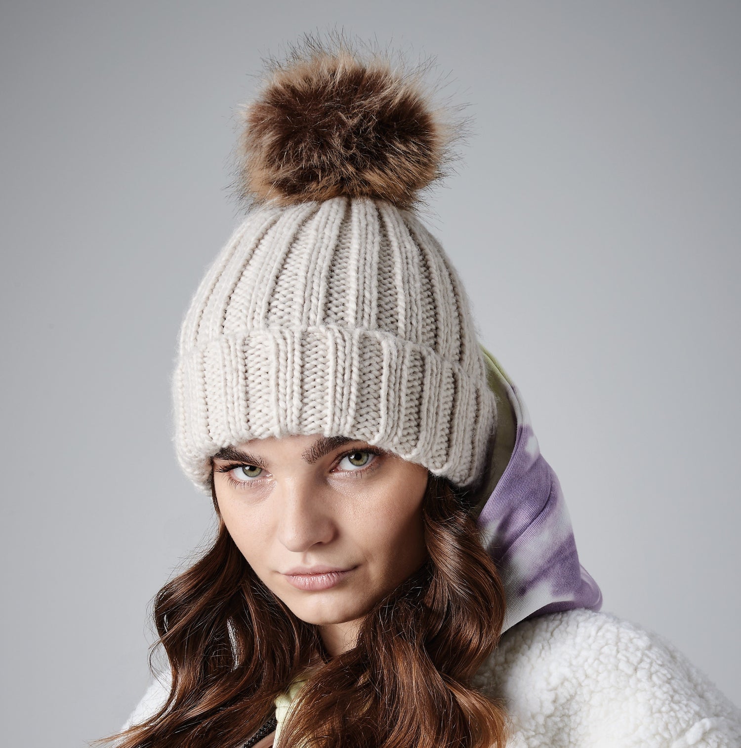 Fur Pom Pom Chunky Beanie | OATMEAL