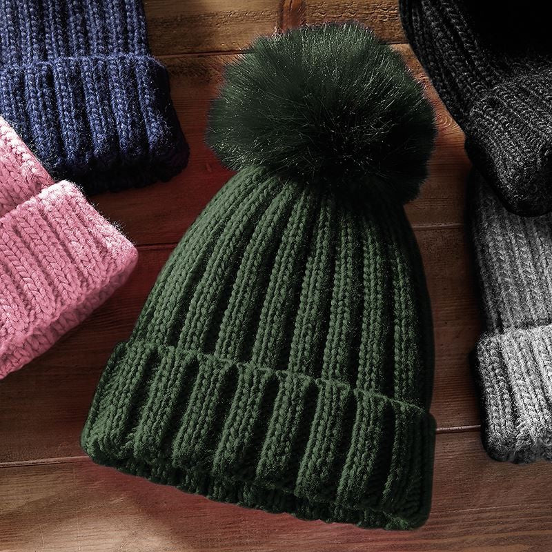 Verbier Fur Pom Pom Chunky Beanie | BLACK