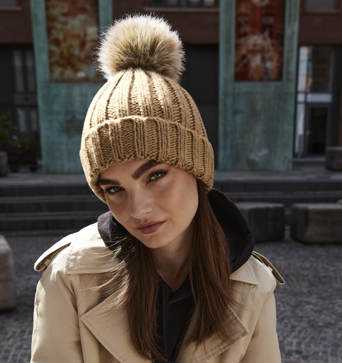Fur Pom Pom Chunky Beanie | BISCUIT