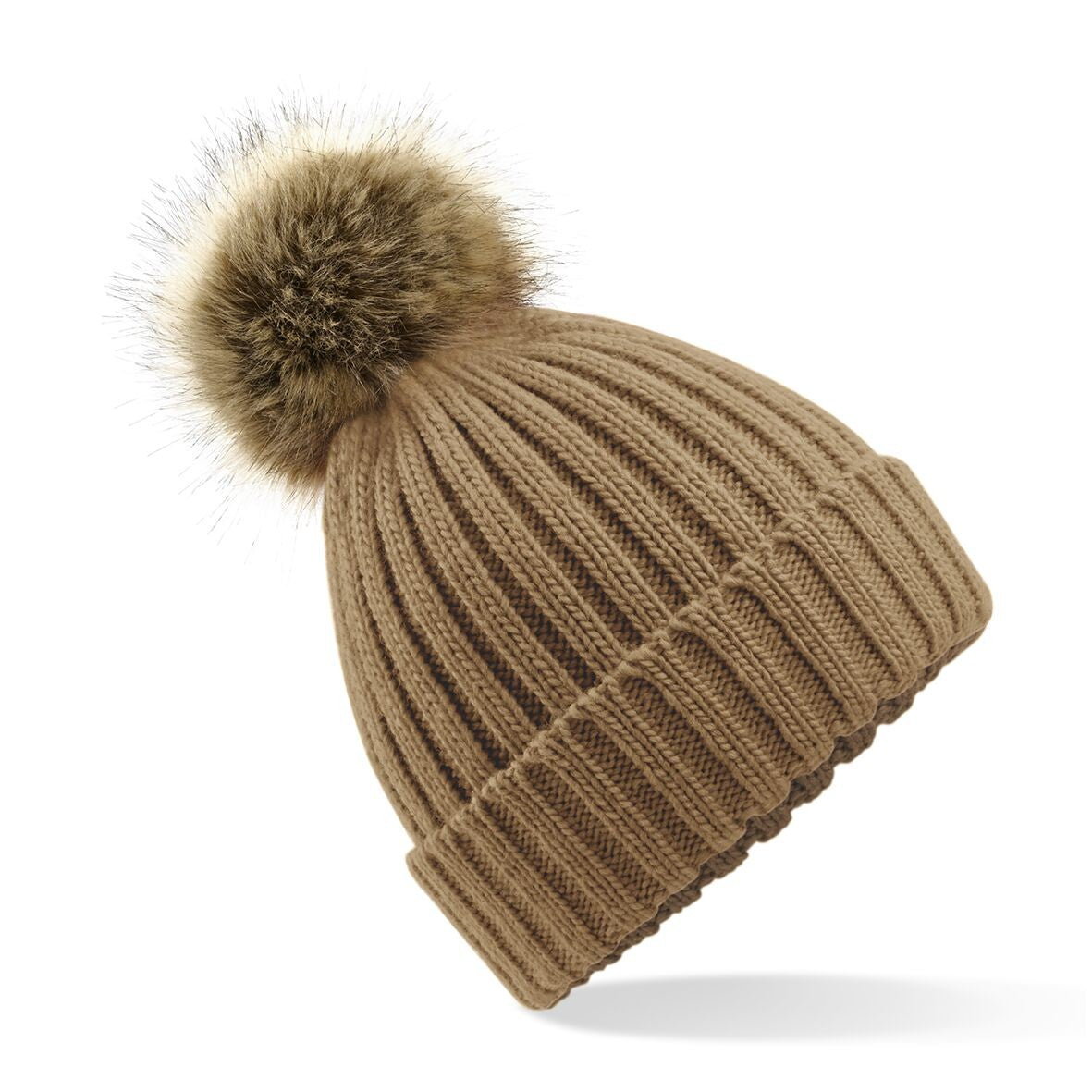 Fur Pom Pom Chunky Beanie | BISCUIT