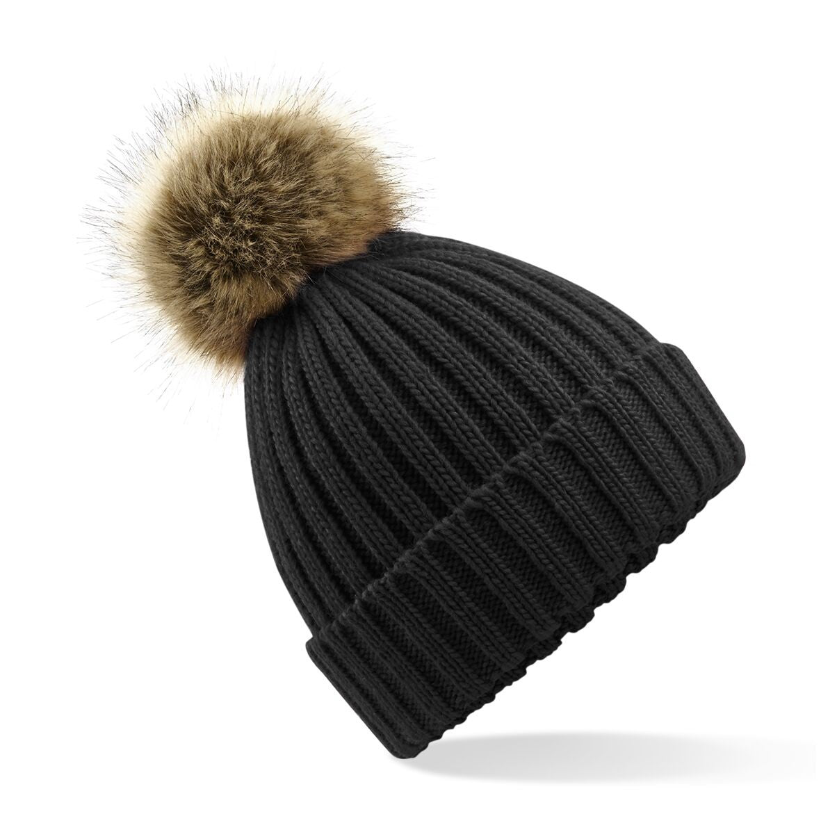 Fur Pom Pom Chunky Beanie | BLACK