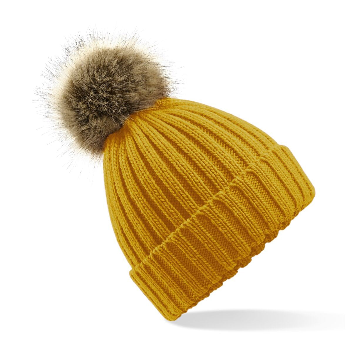 Fur Pom Pom Chunky Beanie | MUSTARD
