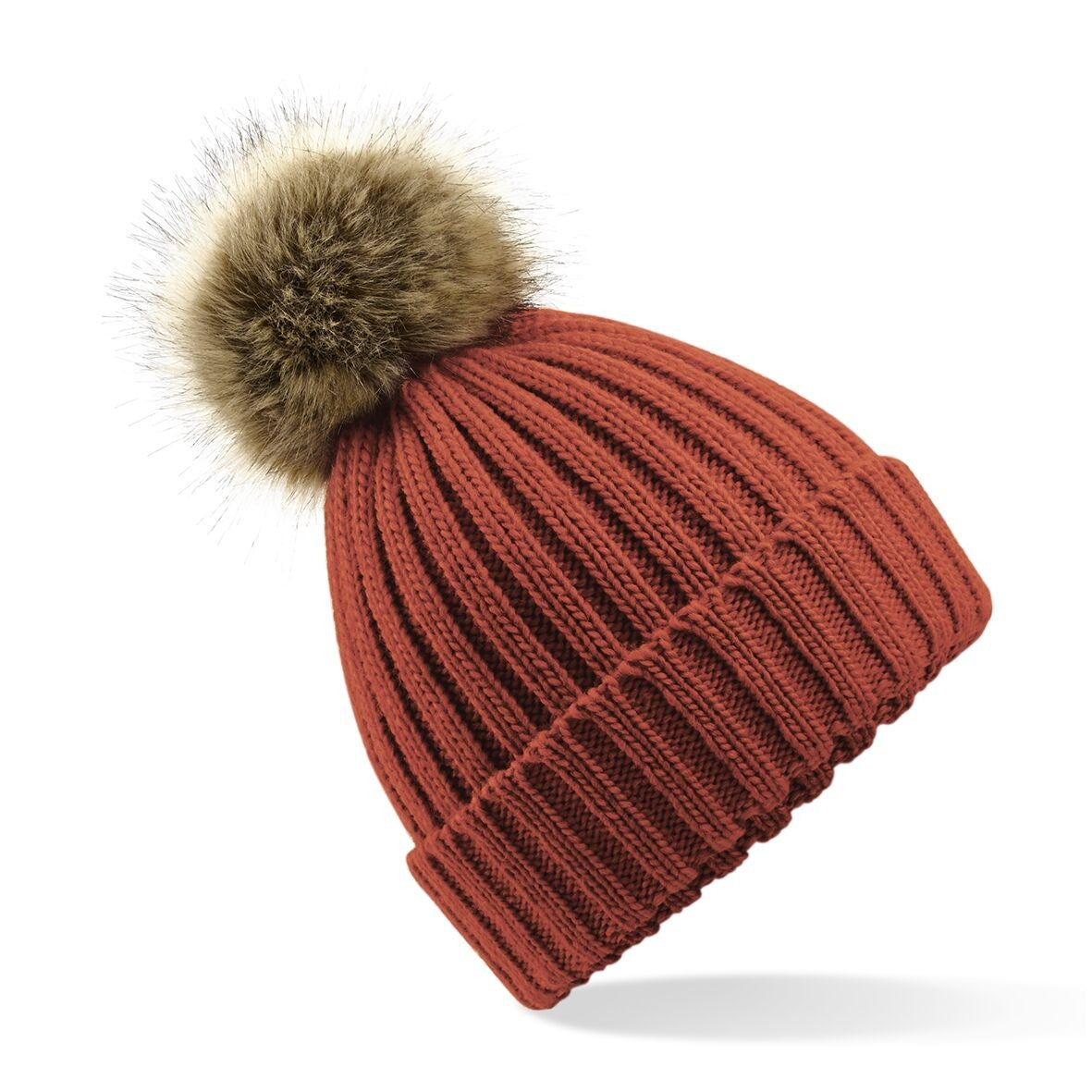 Fur Pom Pom Chunky Beanie | ORANGE RUST