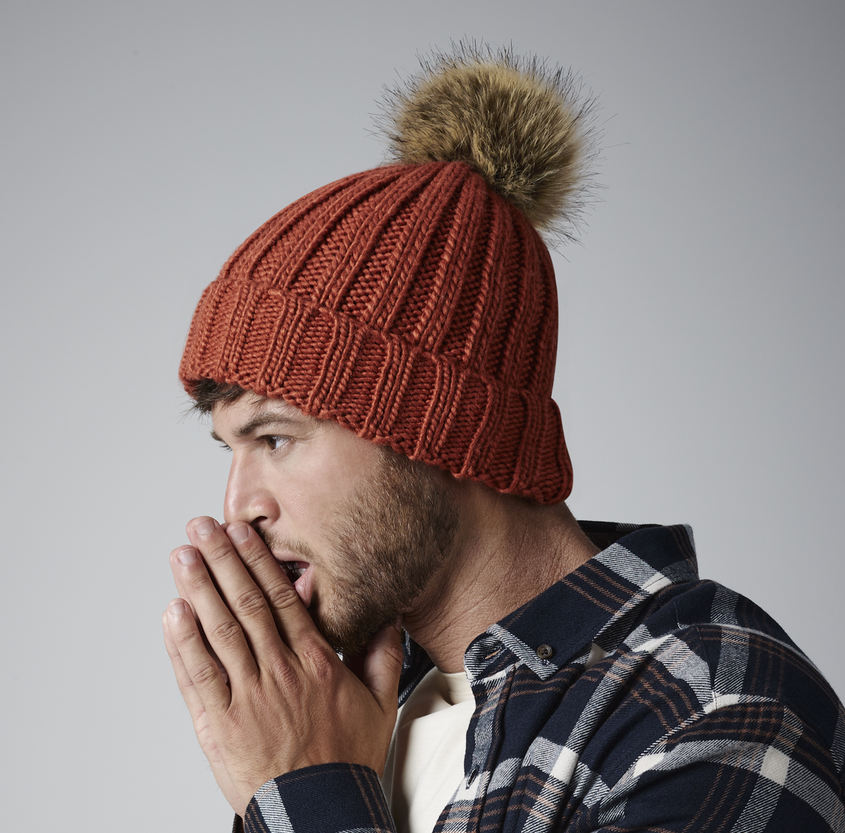 Fur Pom Pom Chunky Beanie | BISCUIT