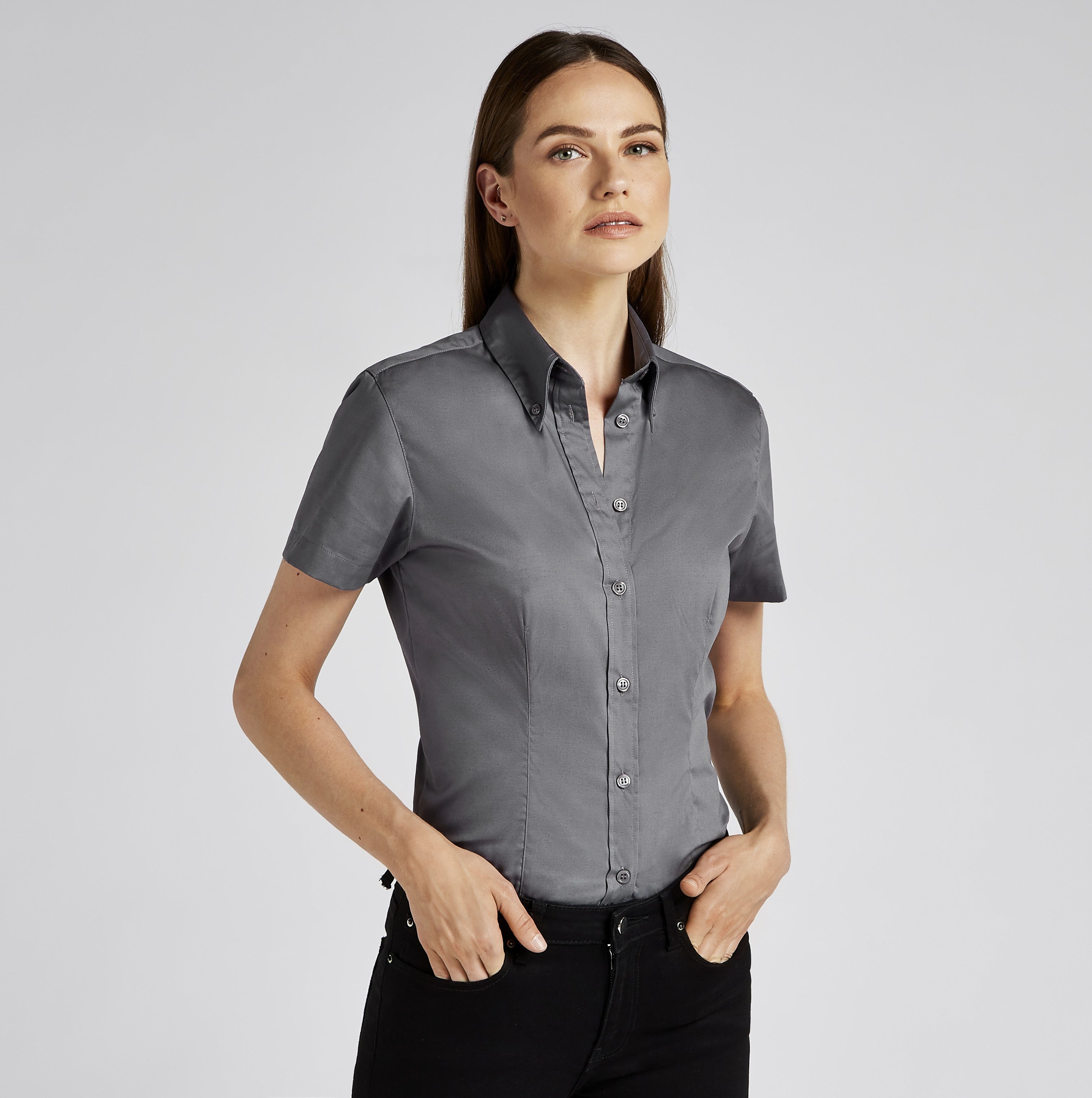Ladies Short Sleeve Corporate Oxford Blouse | SILVER GREY