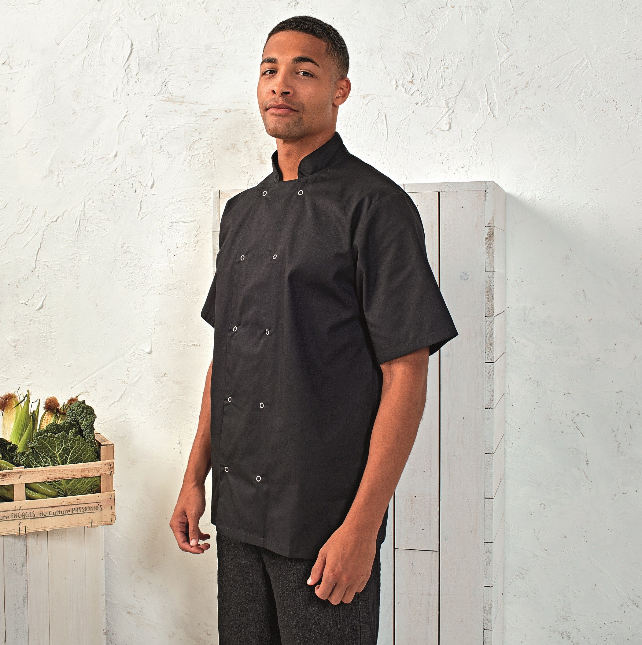 Studded Front Short Sleeve Chef's Jacket | BLACK