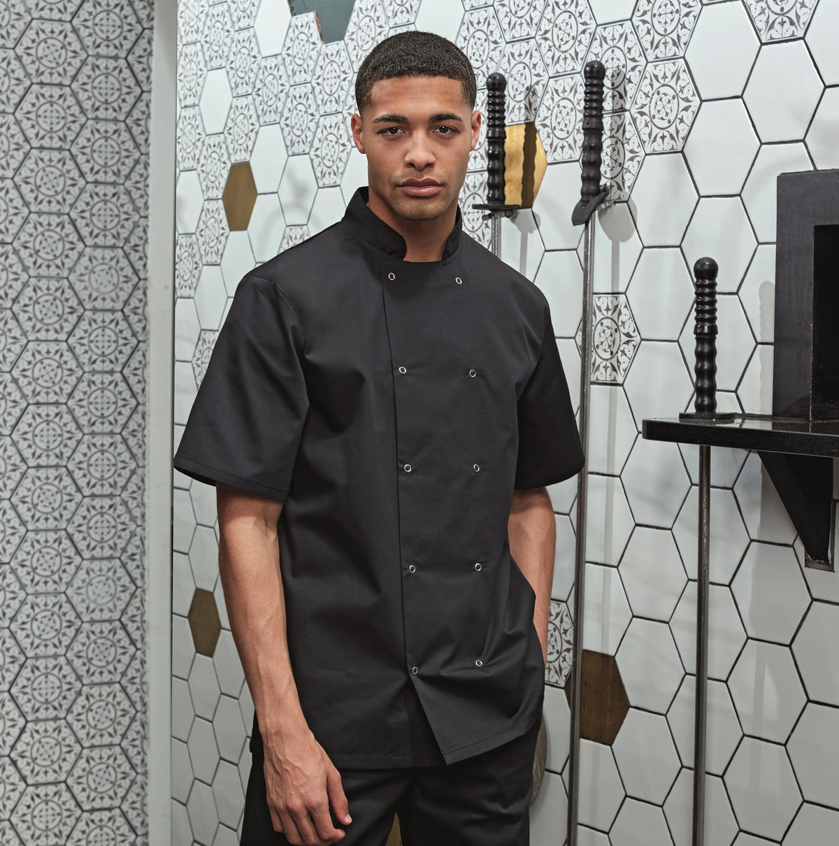 Studded Front Short Sleeve Chef's Jacket | WHITE