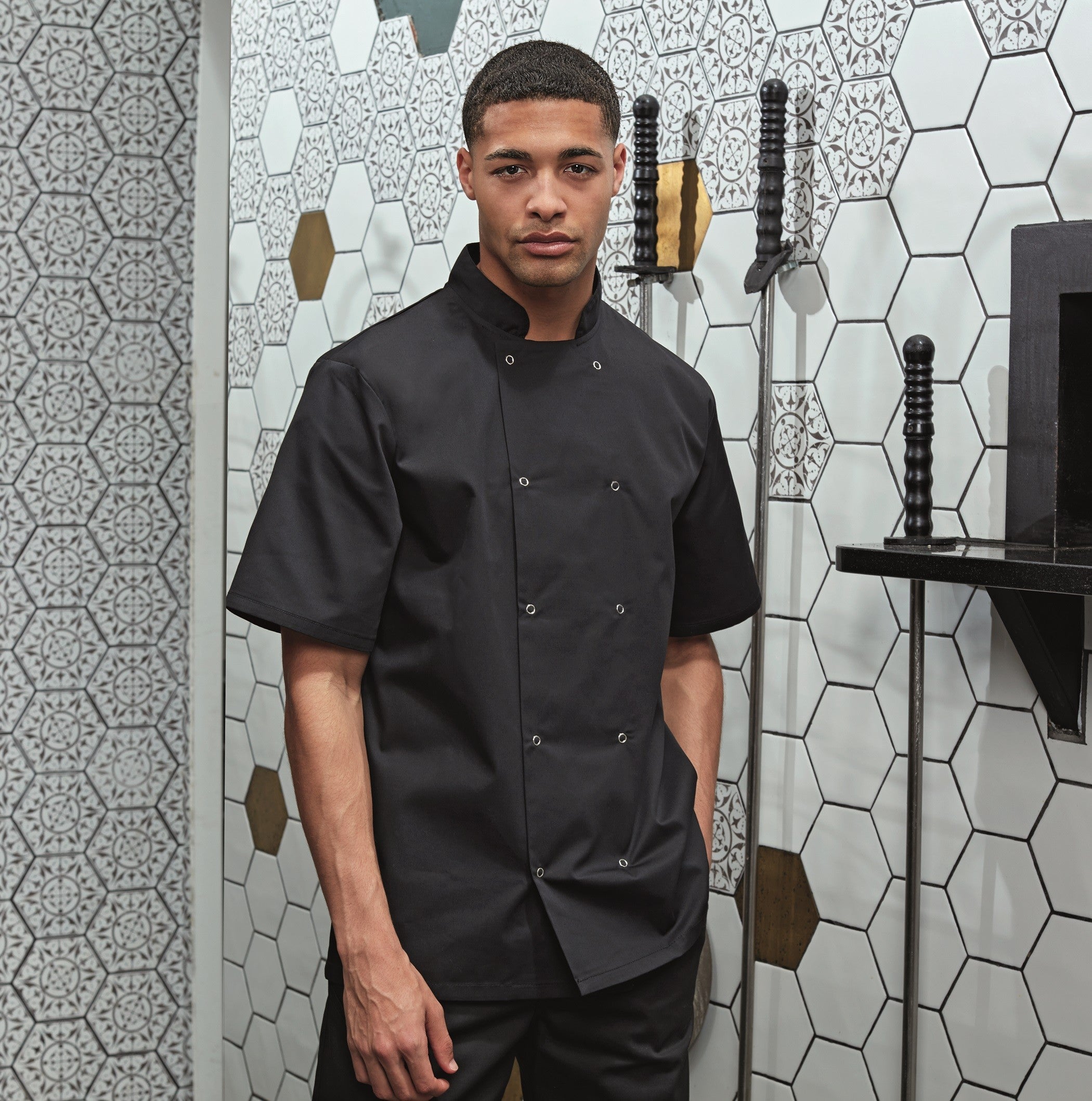 Studded Front Short Sleeve Chef's Jacket | BLACK