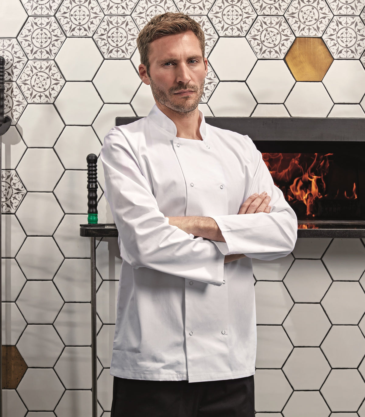 Studded Front Long Sleeve Chef's Jacket | WHITE