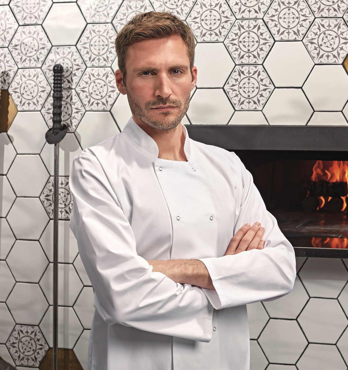 Studded Front Long Sleeve Chef's Jacket | WHITE