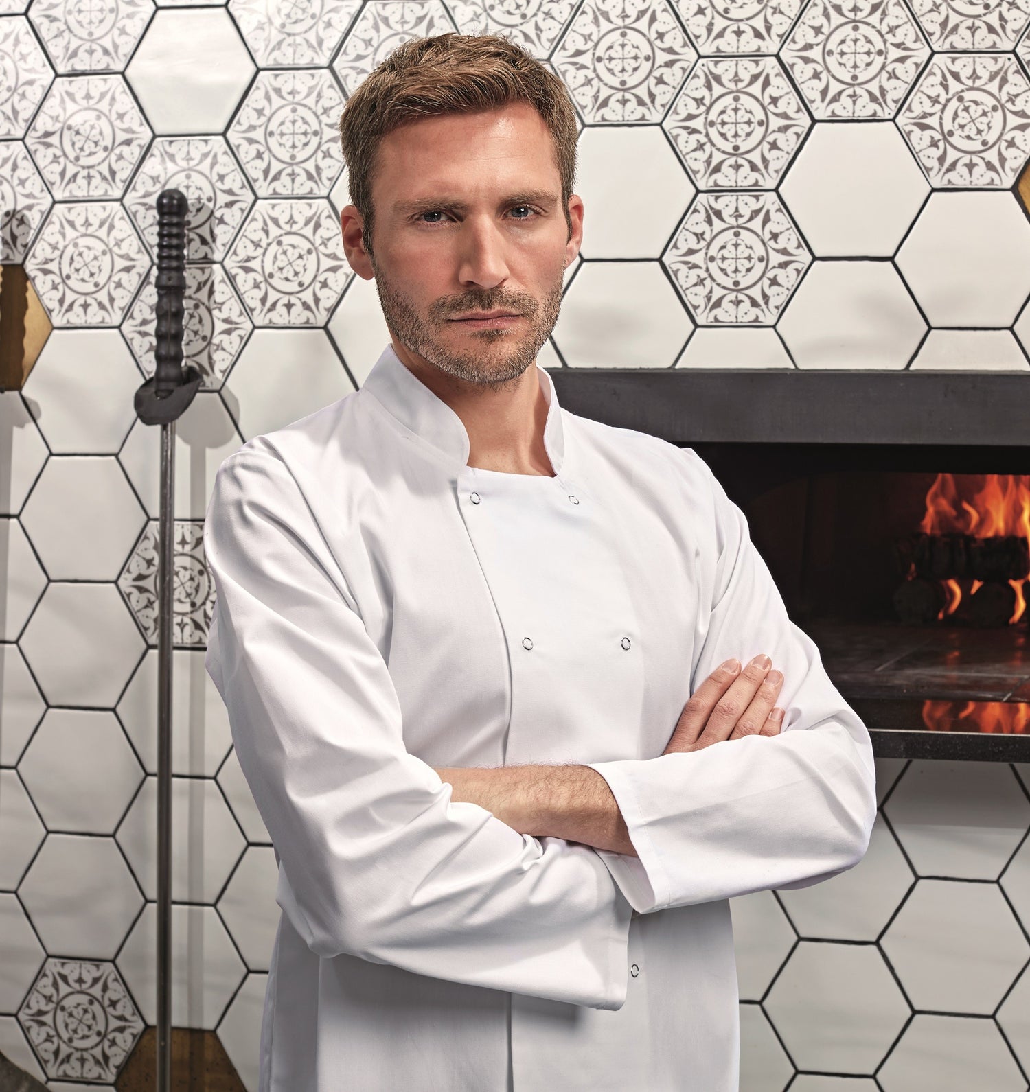 Studded Front Long Sleeve Chef's Jacket | WHITE