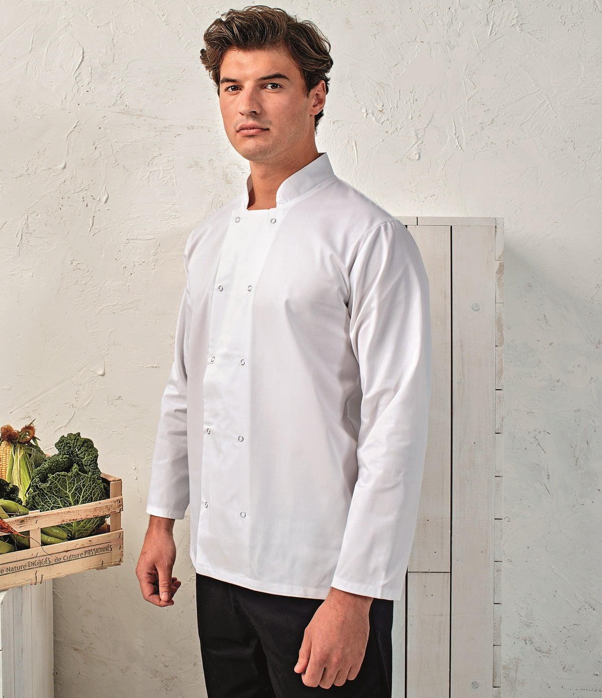 Studded Front Long Sleeve Chef's Jacket | WHITE