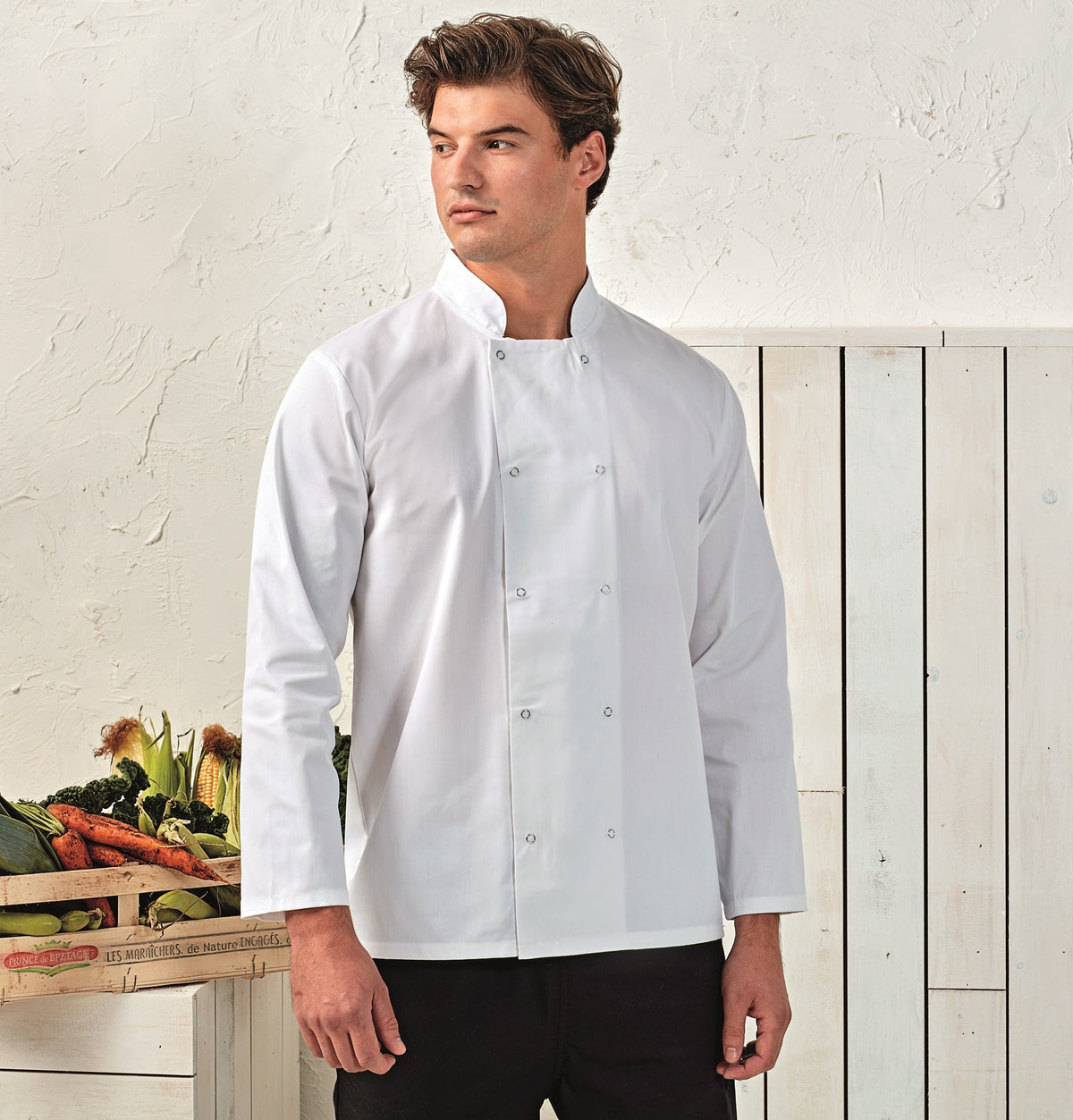 Studded Front Long Sleeve Chef's Jacket | WHITE