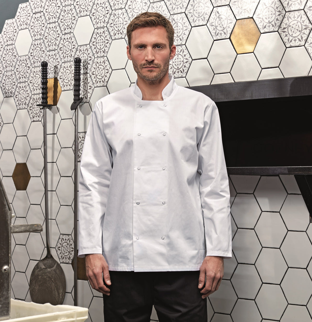Studded Front Long Sleeve Chef's Jacket | WHITE