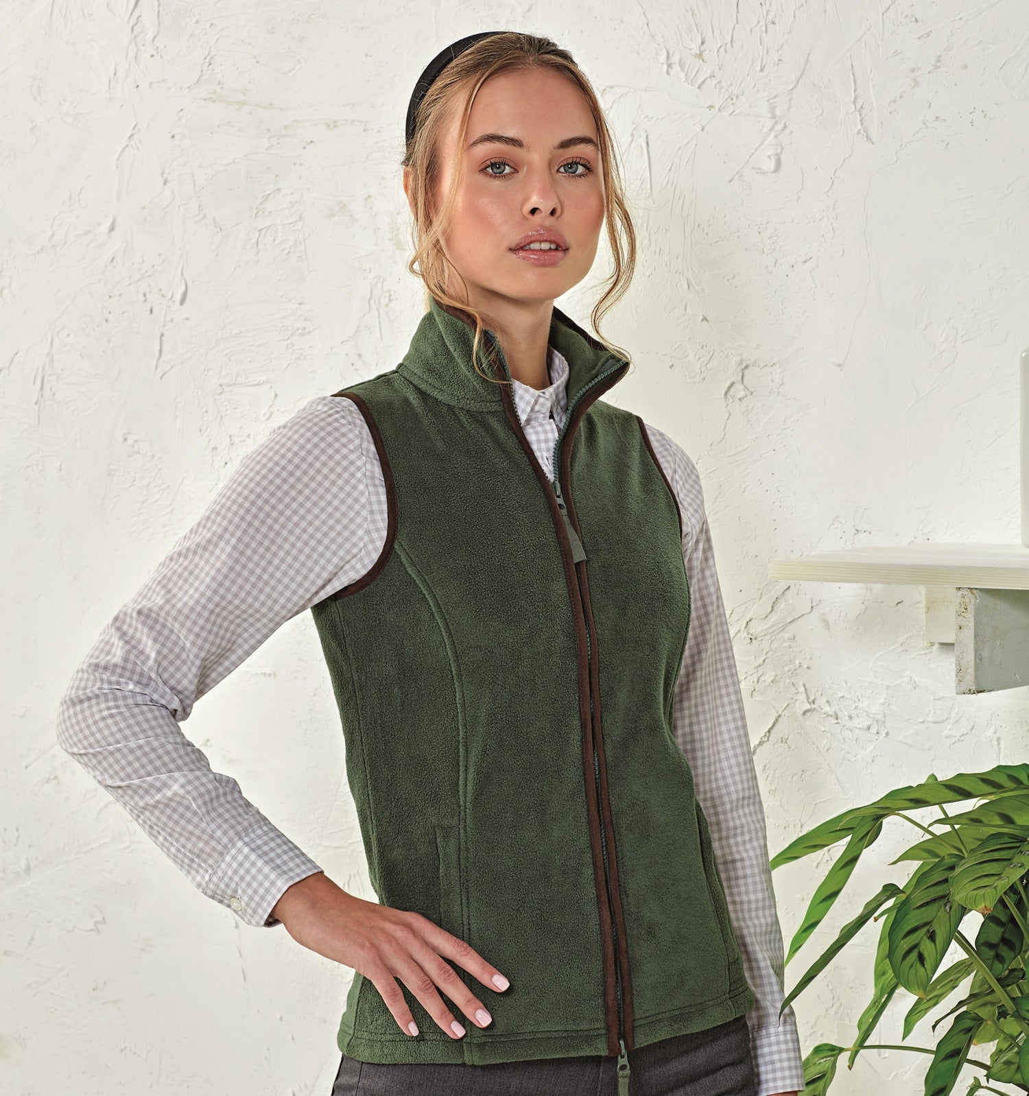 Ladies Artisan Fleece Gilet | MOSS GREEN/BROWN