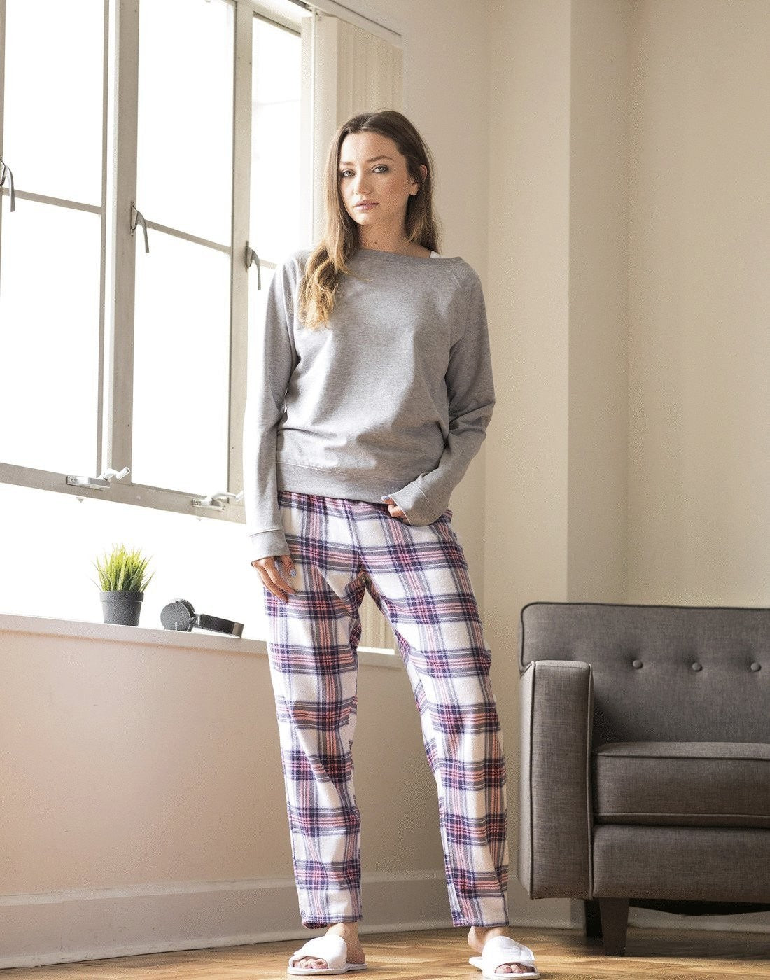 Ladies Tartan Lounge Pants | WHITE/PINK